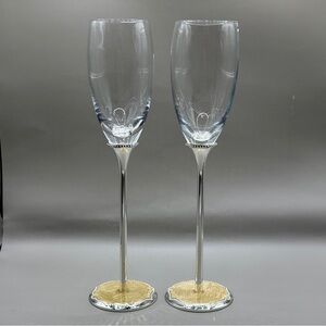 Papyrus Silver Stem Champagne Flutes Pair - Cream Enamel Base